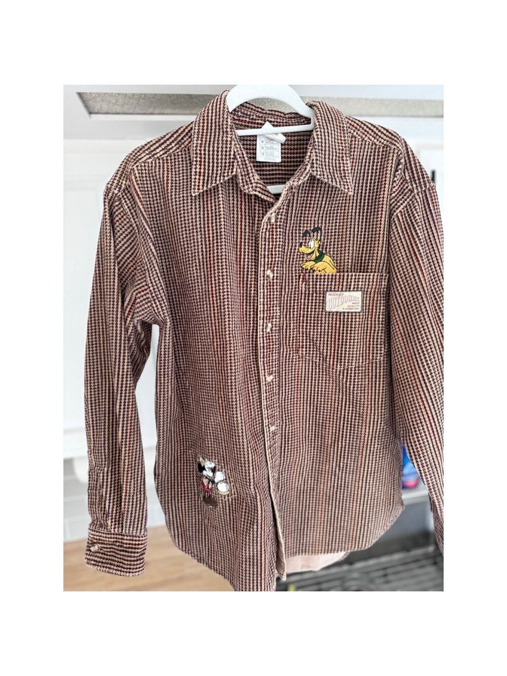 Disney long sleeve brown striped heavy button up shirt size medium 100% cotton
